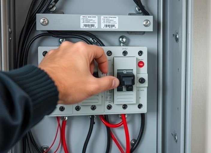 A hand adjusting a changeover switch in an electrical panel with visible wires and circuit breakers. Title