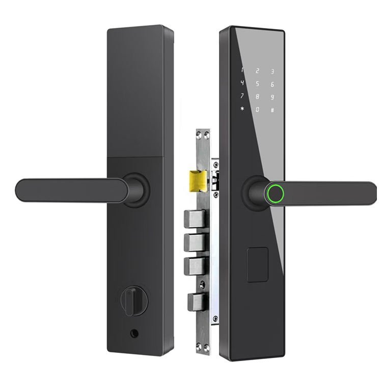 Black smart door lock with fingerprint scanner and keypad handle for home security
