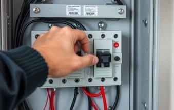 A hand adjusting a changeover switch in an electrical panel with visible wires and circuit breakers. Title